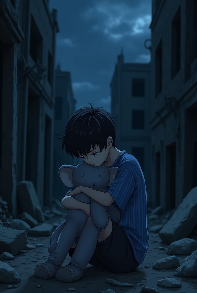 A boy in a blue strip shirt, holding a stuffed elephant in his arms, looking away from camera slightly, his expression was somber, full body from head to legs display in camera, anime art style, apocalypse, ruined building, night theme, cloudy atmosphere.