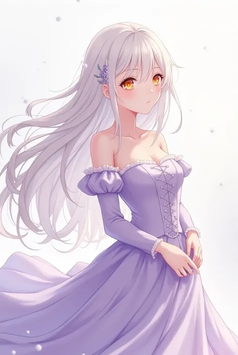 plain female anime character with long white hair, side bangs, orange eyes, white skin, wearing a covered noble dress, a plain lavender colored dress