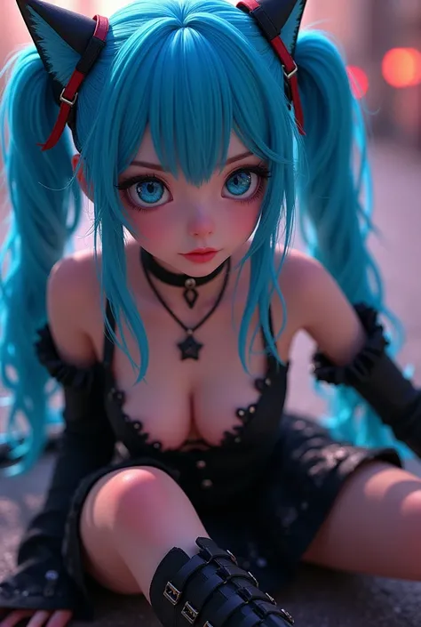 Jinx, beautiful woman, beautiful blue hair, long loose hair, cat blue ears, cat blue tail, bangs, red long nails, beautiful blue eyes, big eyes, juicy red lips, soft smile, sexy black dress with black sequins, bralette, black military platform boots, sexy ...