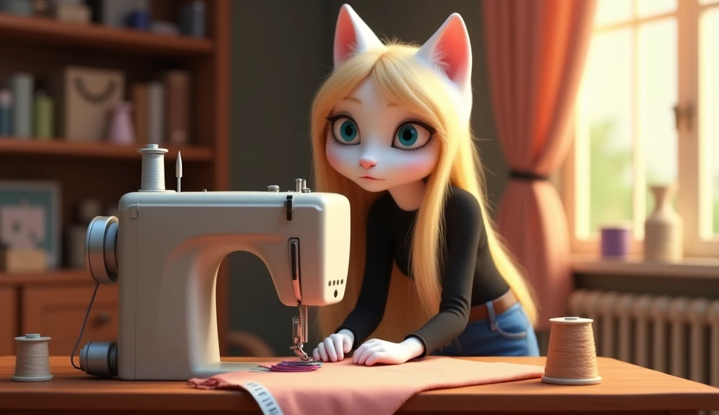 In cinematic 3D style, HD image, realistic image, colourful image.
Character,lina big white cat she is wearing a black top and blue jeans and has long blonde hair and blue eyes.
Action,Lina Big White Cat is operating a sewing machine inside a house. A reel...