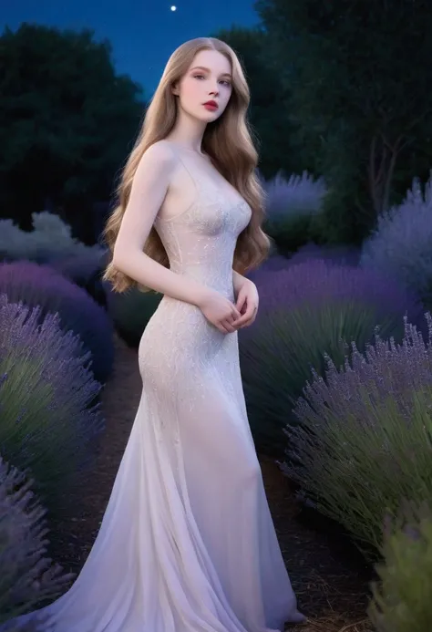 She is 57, snowy pale skin, milky brown long straight hair. She has hourglass figure, wearing a white sheer ethereal gown that hugged her curves. She had light grey doe eyes and deep pink pillow soft lips. Shes standing in the lavender garden in the night,...