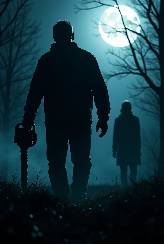 A silhouette of a man with a chainsaw moving swiftly towards the woman. His face is hidden in the shadows, but the roaring chainsaw and his imposing figure signal danger. The moonlight illuminates the ominous figure from behind."