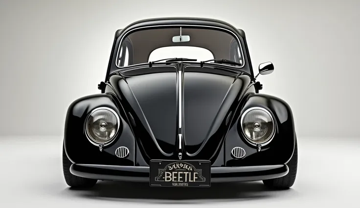 "A fully restored and customized classic Volkswagen Beetle, captured in Full HD resolution, front view. The car features a smooth jet-black paint job with a glossy finish, wide tires, and a lowered stance for a sporty yet elegant look. The iconic rounded h...