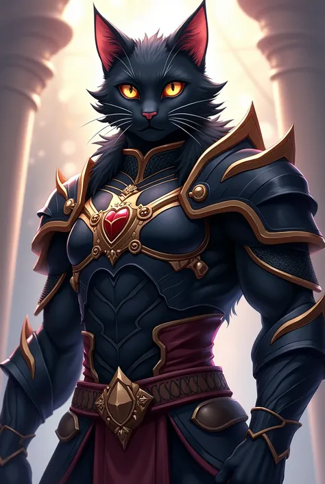 Draw a male black cat with short hair in the anime isekai style and looking like a muscular warrior in full armor with a friendly face and brown eyes