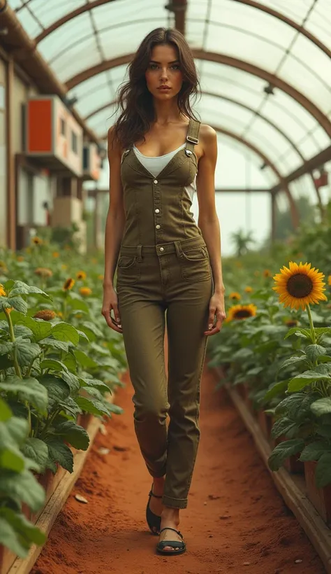 Martian Agricultural Engineer - Sexy female engineer in tight wide-neck overalls standing in a greenhouse on Mars that combines retro and futuristic technology elements. High Definition. High Definition and Detail. Best Picture Quality. HD 8k 