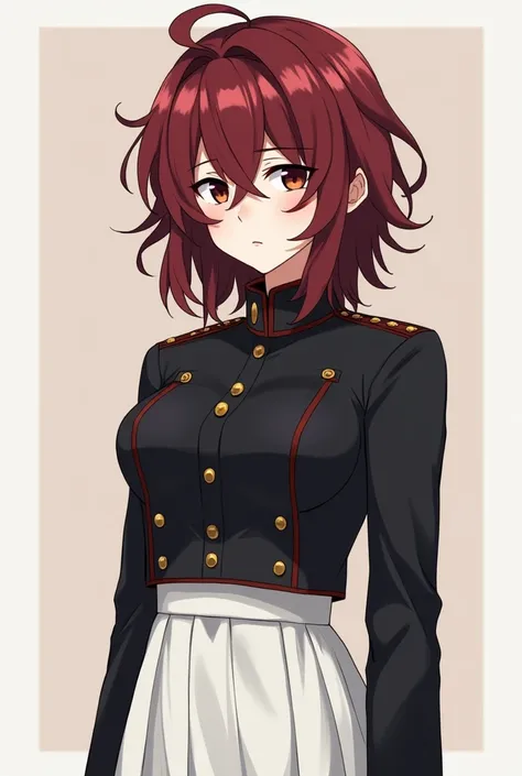 *She has wine red messy hair, dark white eyes, she wears a military black uniform, she wears a long white skirt, she is more velvety, she is tall, she looks serious, she has sharper facial features, please draw from the full length