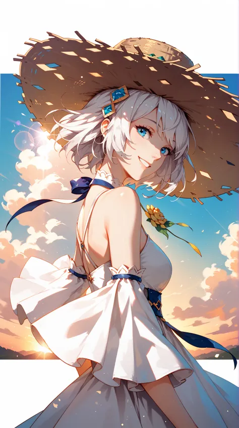 1girl, masterpiece,  Extremely Delicate , (   Beautiful details Shining),   Lens lights  , white hair, short hair,  Floating hair , Comments , behind  , Smile,   Blue Eyes  ,   White Dress  ,  medium bust ,   upper body,    Wide Angle Lens, straw hat, ((  ...