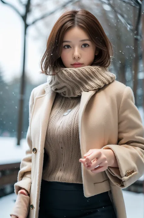 (8k, RAW photo, photorealistic, HQ, masterpiece), a cute Japanese girl,(glowing eyes), 
(), brown hair, fluffy Pixie Bob hair, large breasts, (Stylish winter outfits, Scarf, coat, long skirt), 
standing pose, Seductive pose, (The weather is a snowstorm:1.4...