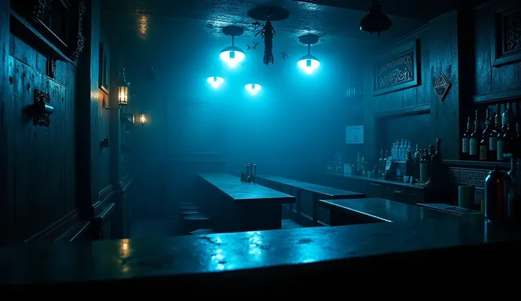 Photograph of a bar counter as seen from the bartenders point of view, in an empty, dark, spooky, ominous, shady, lousy, seedy bar with blue lights in Reykjavík, decorated with Viking and Icelandic motifs.