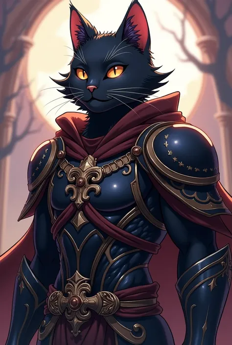 Draw a male black cat with short hair in the anime isekai style and looking like a muscular warrior in full armor with a friendly face and brown eyes