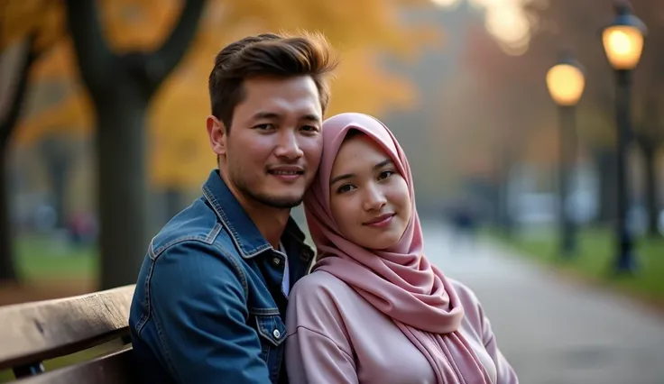 professional photography, looking at the camera, focus on the camera, a couple of lovers, a handsome man, and a woman in a hijab, sitting on a park bench, with a soft blush view, there is a street lamp on the side, the background is blurry, in a full body ...