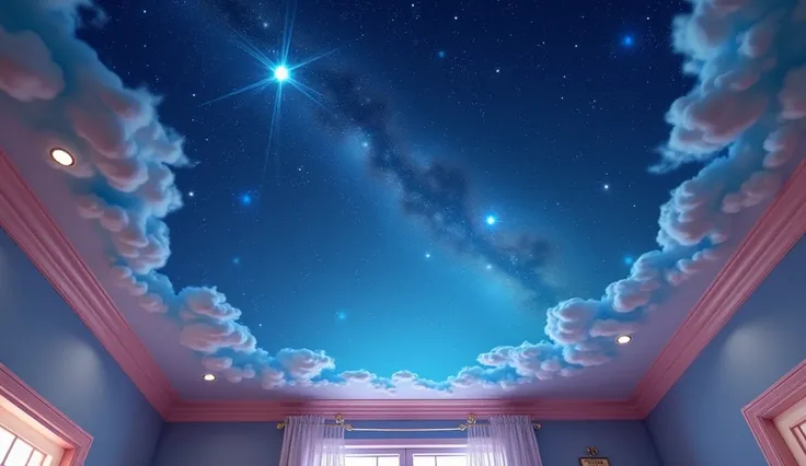  on the ceiling of a girls room ，Cinematic feel， realistic style ， Ultra HD，