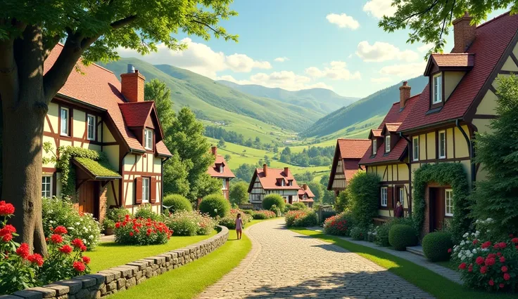 A tranquil, sunlit village nestled among rolling green hills, cobblestone streets winding through charming cottages with blooming gardens. Villagers casually greet each other, creating an atmosphere of peace and familiarity. hyper realistic photo