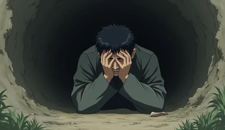 Anime, japanese mature man lying in a ditch, covering his face with his hands, he looks scared 