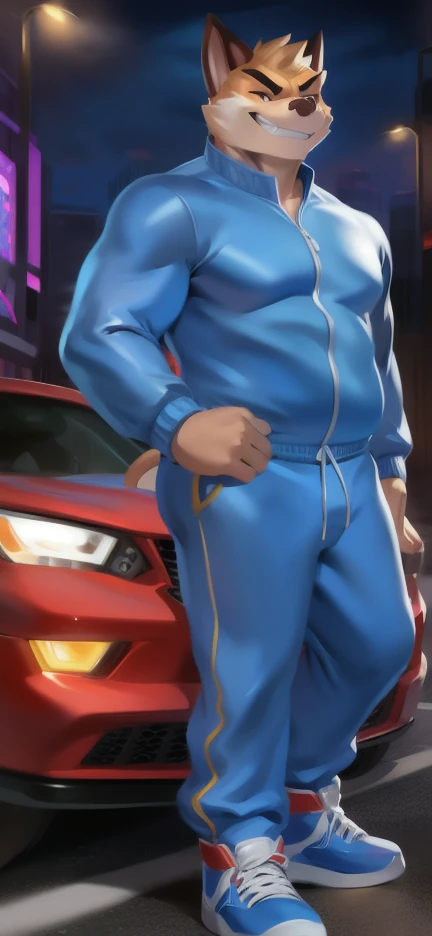 Solo, male Tall​ ,huge​ body​,​ standing ,Road, A top fighter with the Xiaolin technique, pig​ crocodile ice pink ,blue Tracksuit soldier , Wear combat shoes, overweight, muscular, Smirking ​, by chunie