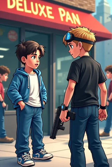 2 boys with 1 smoking shop a shop name Deluxe pan 
& 1 boy wite t shirt & blue hody blue pant 2 boy black shirt & pant with hand pistol & black gogals 