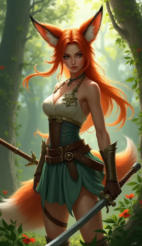 Girl fox beautiful warrior red ears fox tail in the forest