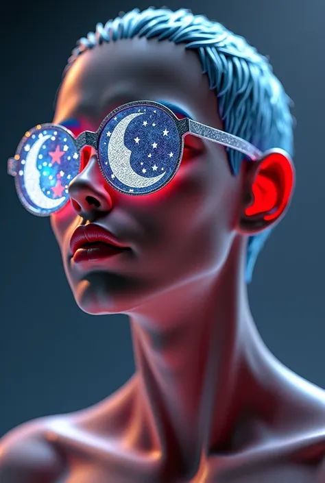  Close up on the genitals physical rendering {x} The model is wearing glass sunglasses with stars and the moon on the glass.