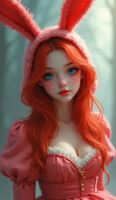 A beautiful girl in a rabbit costume with red hair and blue eyes.