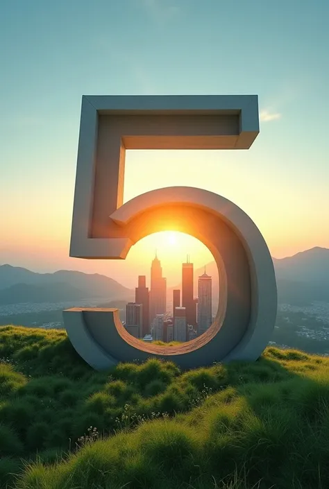 A photo-realistic composition with the large number “5” as a simple, smooth, and hollow frame resembling a picture frame. Inside the “5,” there is a vibrant urban cityscape featuring tall modern skyscrapers and a radiant sun setting in the sky, casting war...