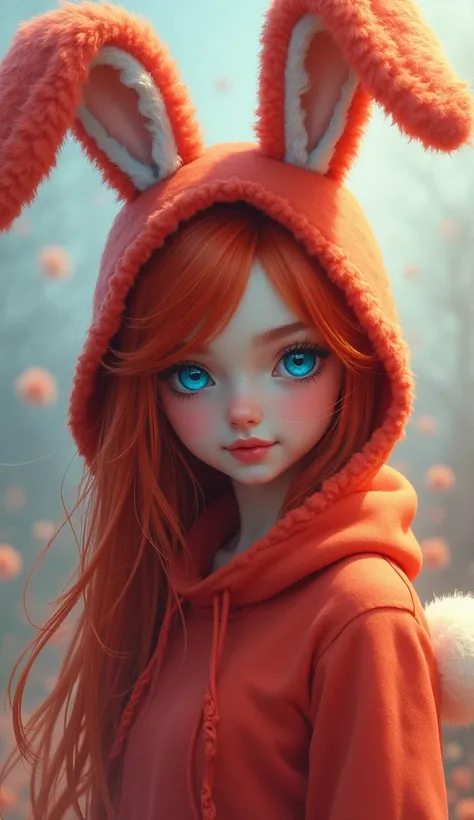 A beautiful girl in a rabbit costume with red hair and blue eyes.