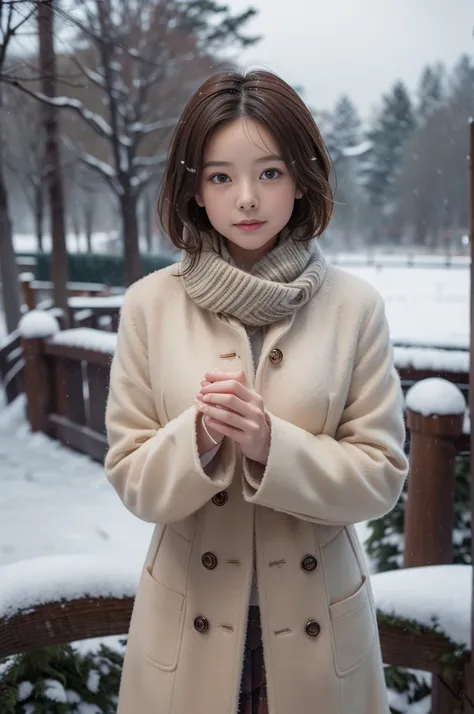 (8k, RAW photo, photorealistic, HQ, masterpiece), a cute Japanese girl,(glowing eyes), 
(laugh ), brown hair, fluffy Pixie Bob hair, large breasts, (Stylish winter outfits, Scarf, coat, long skirt), 
standing pose, Seductive pose, (The weather is a snowsto...