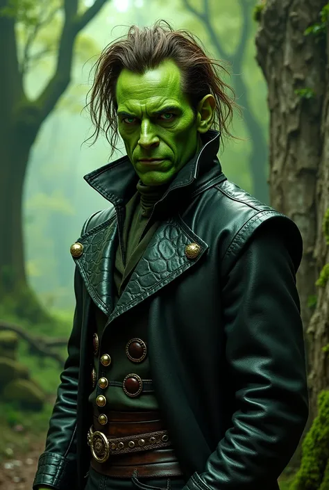 Image with the character Robert Carlyle rumpelstiltskin skin bright green makeup. leather clothes, with crocodile texture. dark chameleon green eyes brown hair, Once Upon a Time full body, magic of the 1939s