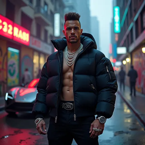 A handsome, fair-skinned, very tall (he stands at about 6 feet 5 inches), American bodybuilder, rapper, with a shaved head and a stylized brown pompadour stands in a dynamic urban environment inspired by Travis Scotts bold, futuristic style. He is dressed ...