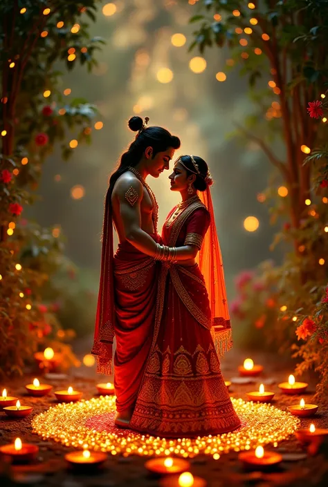 "Create an enchanting and romantic scene set in a lush, nighttime garden illuminated by a warm golden glow. Include a divine couple of lord Krishna and Radha inspired by traditional Indian aesthetics, standing close to each other in an intimate pose. They ...