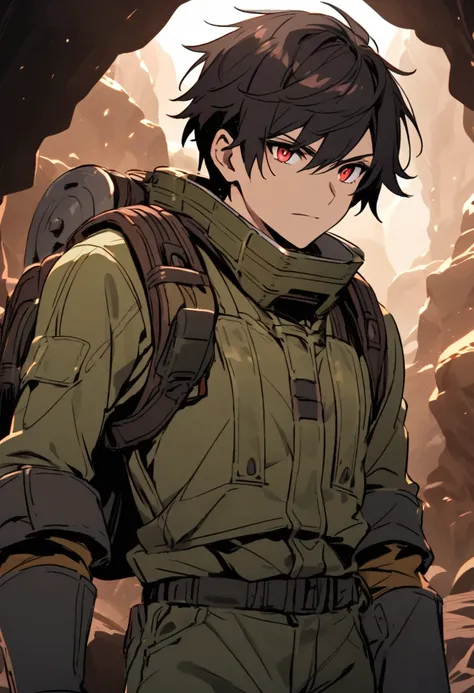 Young man with dark hair and red eyes, in mining gear, cavern back ground, looking proud.