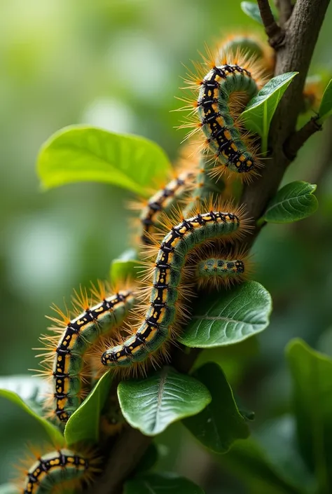  many caterpillars eating leaves from an almond tree, Close on a caterpillar 