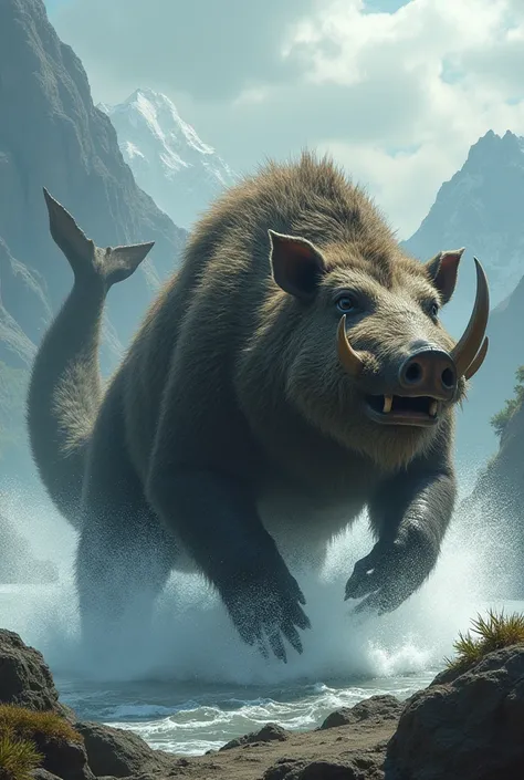 Wild boar with megalodon teeth, grizzly legs, whale tail and rhinoceros horns 