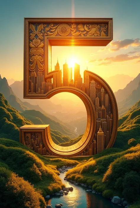 A large number “5” designed as a hollow frame. Inside the shape of the number, a vibrant cityscape is depicted with tall, golden skyscrapers, bustling roads, and glowing golden lights under a radiant sun shining in a warm sunset sky. The city exudes an atm...