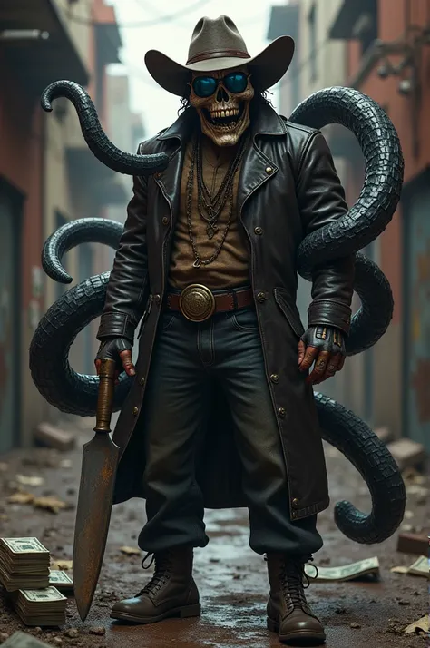 Venom as a fierce Mexican cartel leader, wearing a cowboy hat, aviator sunglasses, and a leather jacket. His tendrils clutch a machete and a stack of cash while a Day of the Dead-themed mask adorns part of his face."