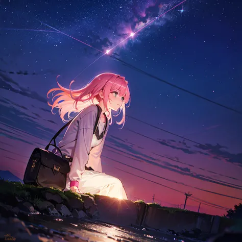 a girl, pink hair, sky, star, constellation sirius, midnight, riverside, sitting, soundscape, outside, outdoor, silhouette, 8k, masterpiece, best quality, super detail, retina, accurate