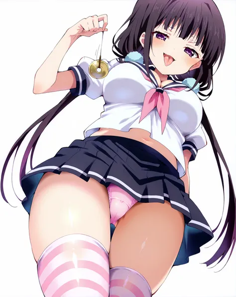 score_9, score_8_up, score_7_up, 1girl,solo, seduce,seductive, looking_down ,kawaii waifu, medium breasts, thighhighs, stripe stocks (white and pink stripes),
short sleeves, white background, she is holding a pendulum in one hand (hypnotist holding a pendu...