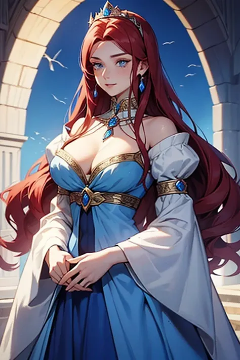 A medieval 26 years old queen woman with long, volumed , puffy,dark red hair,sapphire looking sky blue eyes,white skin with freckles,C cup chest and a sapphire blue dress queen dress and a crown that has sapphires,no bangs and the dress is long 