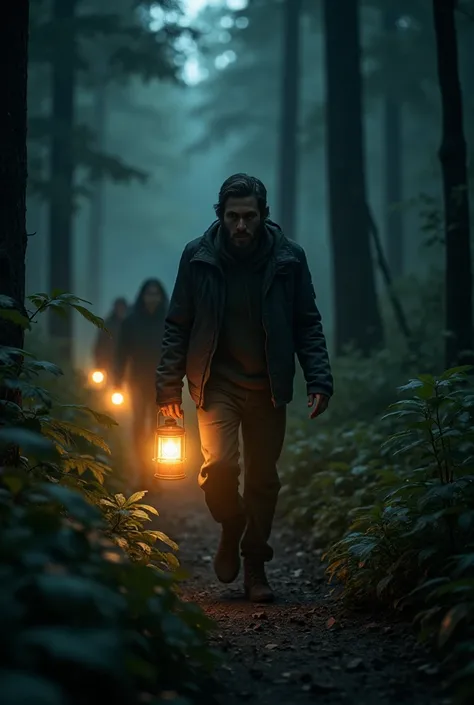 A search party moving through the forest - A line of people holding lanterns and flashlights, their faces tense and worried.