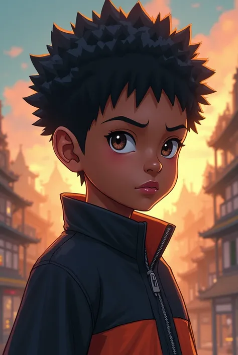 Make me a very dark-skinned 23-year-old mixed race boy with very curly and short hair in the manga Naruto 