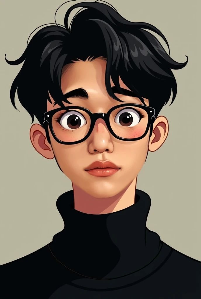 A young Korean man with an oval face, a straight rounded nose, and freckles scattered across his face. He has well-defined lips and wears black glasses. His dark hair and eyes complement his black sweater. Estilo personagem da disney 