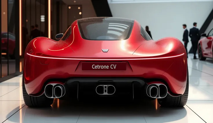 Close BACK  view of A conceptually design new upcoming 2025 Model of Red Cetrone 2CV sleek Long Size Sedan its look is Futuristic and four big steel straight pipe exhaust Car captured from Close BACK  View  standing in Luxury gleamy showroom  write on Citr...