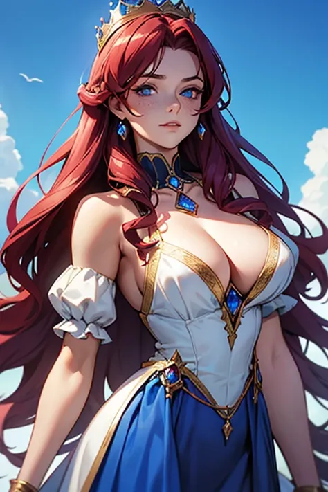 A medieval 26 years old queen woman with long, volumed , puffy,dark red hair,sapphire looking sky blue eyes,white skin with freckles,C cup chest and a sapphire blue dress queen dress and a crown that has sapphires,no bangs and the dress is long  HER HAIR I...