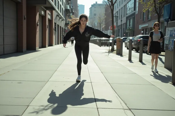 a woman running, wanting to catch her own shadow, looking at the ground, stretching her arms to reach the shadow. Image from the side on a paved street