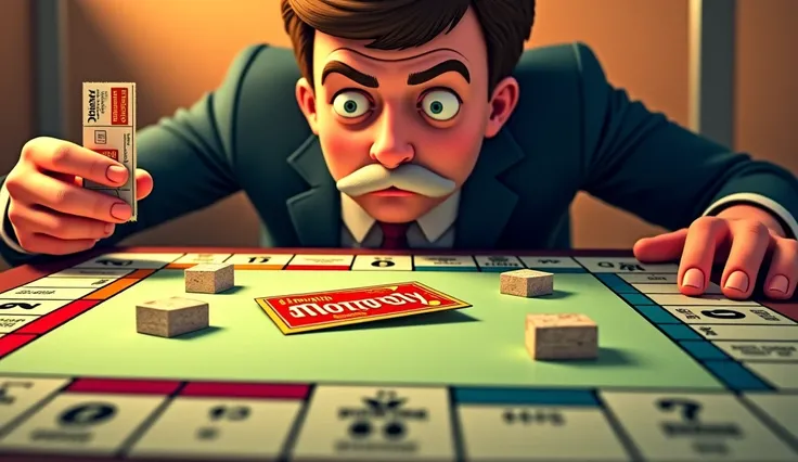 image comic style, A close-up of a McDonalds Monopoly game board with missing pieces, a man’s hand holding a prize-winning ticket, and his suspicious glance at the camera, high quality, realistic colors,  street light in gold and red tones, intricate drawi...