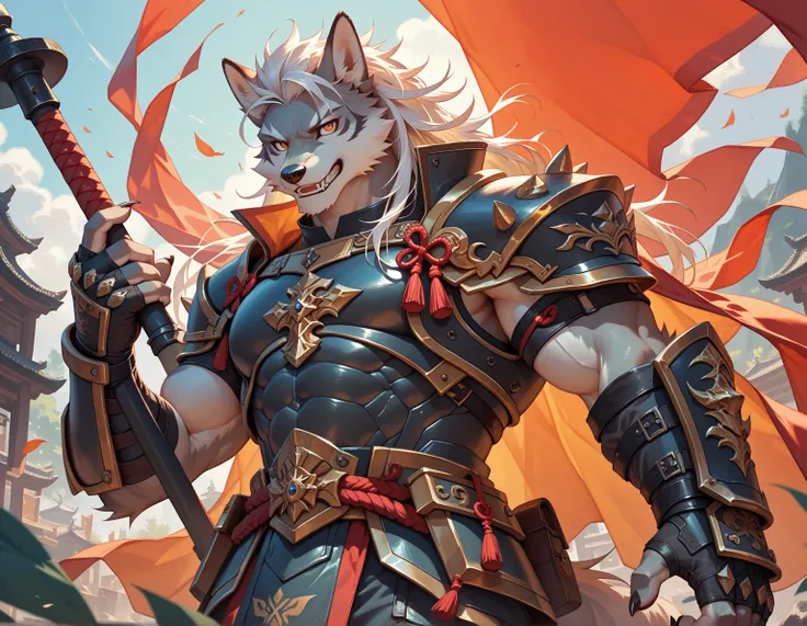 ( unique ),  male anthropomorphic fox,  gray fur , Long white hair with golden highlights， golden eyes, warrior, armor, Japanese,  Muscular , 