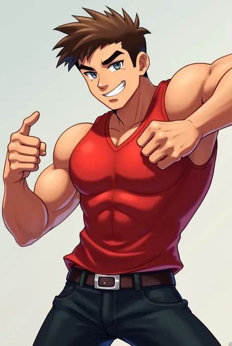 An 18-year-old man ,  Brown hair , muscular, smile, throw,  dressed in black jeans,  red sleeveless shirt , grey eyes