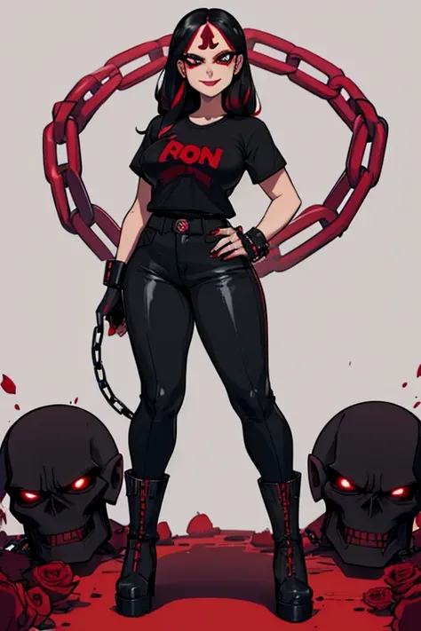 female, black hair with red highlights, red eyes, (((1girl))), (((black t-shirt with red skull on chest))), (black goth pants with chains), (black fingerless gloves with metal studs), (black combat boots with red roses), cute and sexy, full body, large bre...