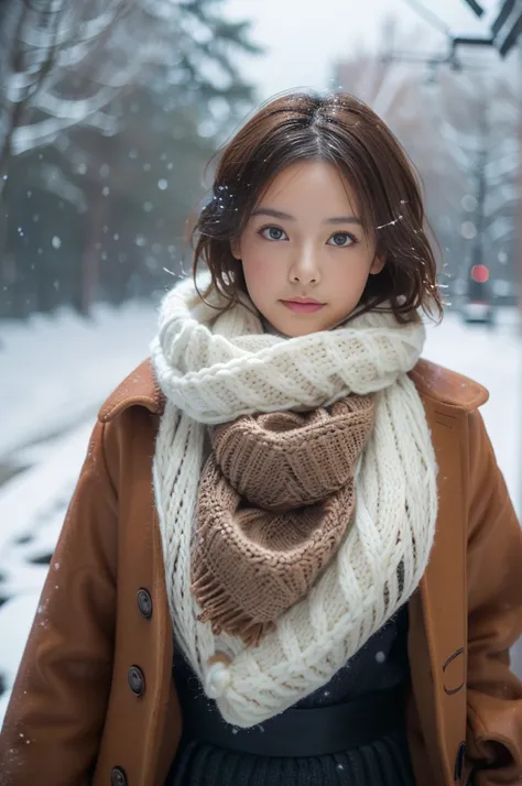 (8k, RAW photo, photorealistic, HQ, masterpiece), a cute Japanese girl,(glowing eyes), 
(), brown hair, fluffy Pixie Bob hair, large breasts, (Stylish winter outfits, Scarf, coat, long skirt), 
standing pose, Seductive pose, (The weather is a snowstorm:1.4...