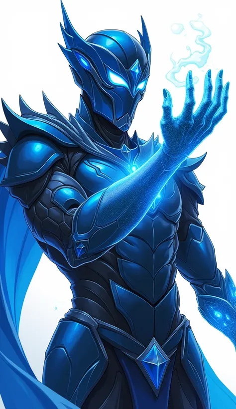 Arcane style illustration art , anime style ,  a god like thing , holding cosmic powers , blue and black mixed armour , titan , in white background , for transparent cosmic ghost hands , black , eyes glove in power 