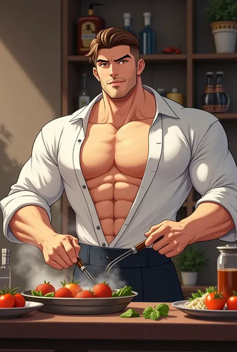  Beautiful manhwa with strong lines , male fractions of men ,  dynamic pose of a big, muscular man, burly man,  large pectorals ,  light and shiny honey-colored eyes ,  Brown hair ,  short hair, combed back, with short beard, hairy chest, pale lips, Clara ...